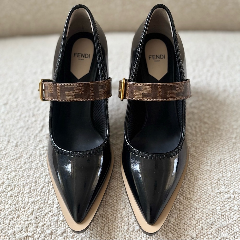 Fendi Black Patent Leather Pointed Toe Mary Jane Pumps with Brown Logo Strap